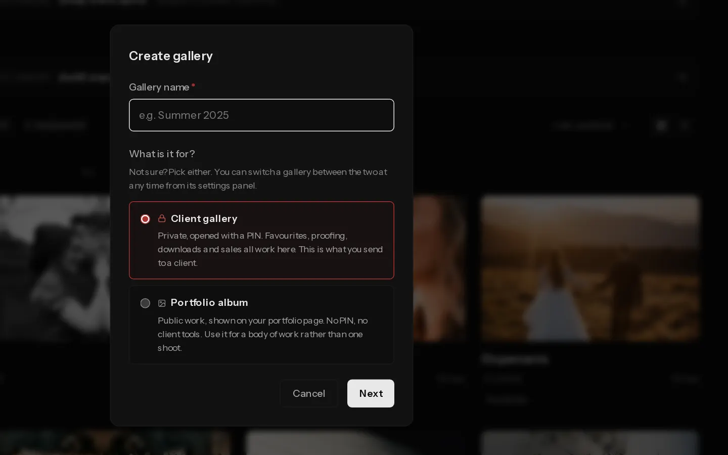 The Xposure dashboard screen for: Choose a client gallery or a portfolio album