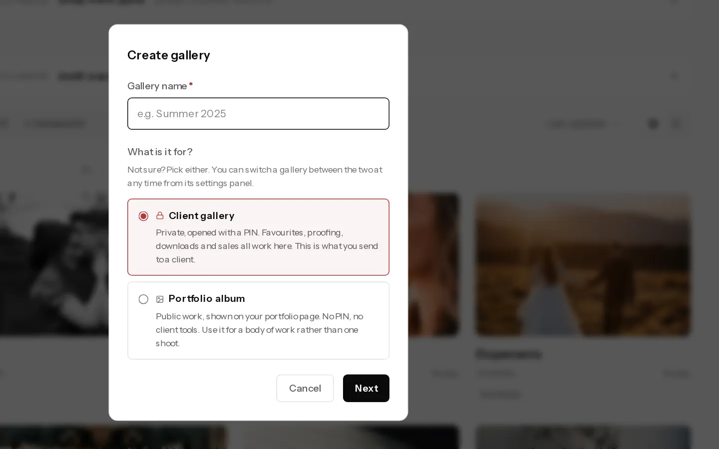 The Xposure dashboard screen for: Choose a client gallery or a portfolio album