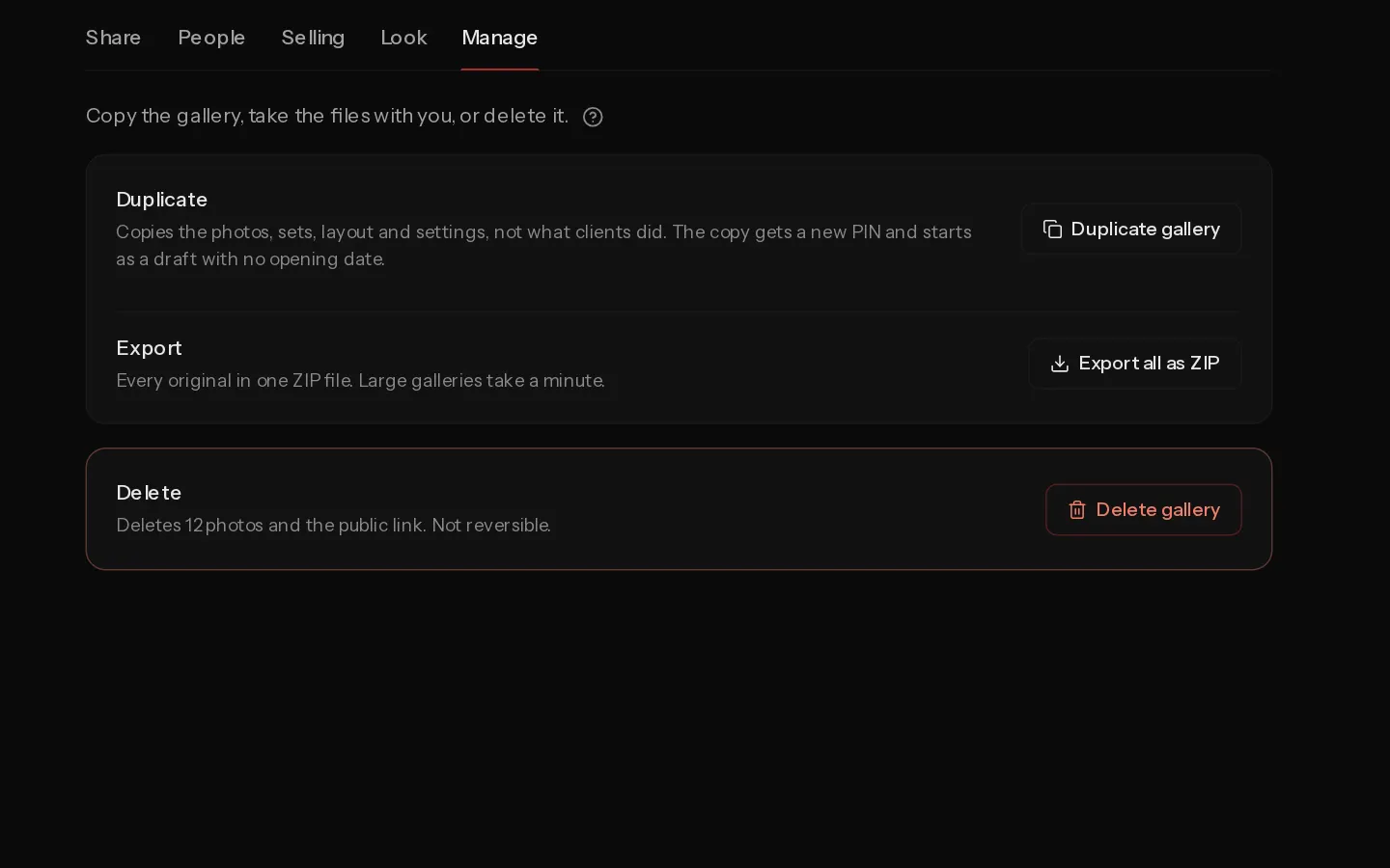The Xposure dashboard screen for: Duplicate, export or delete a gallery