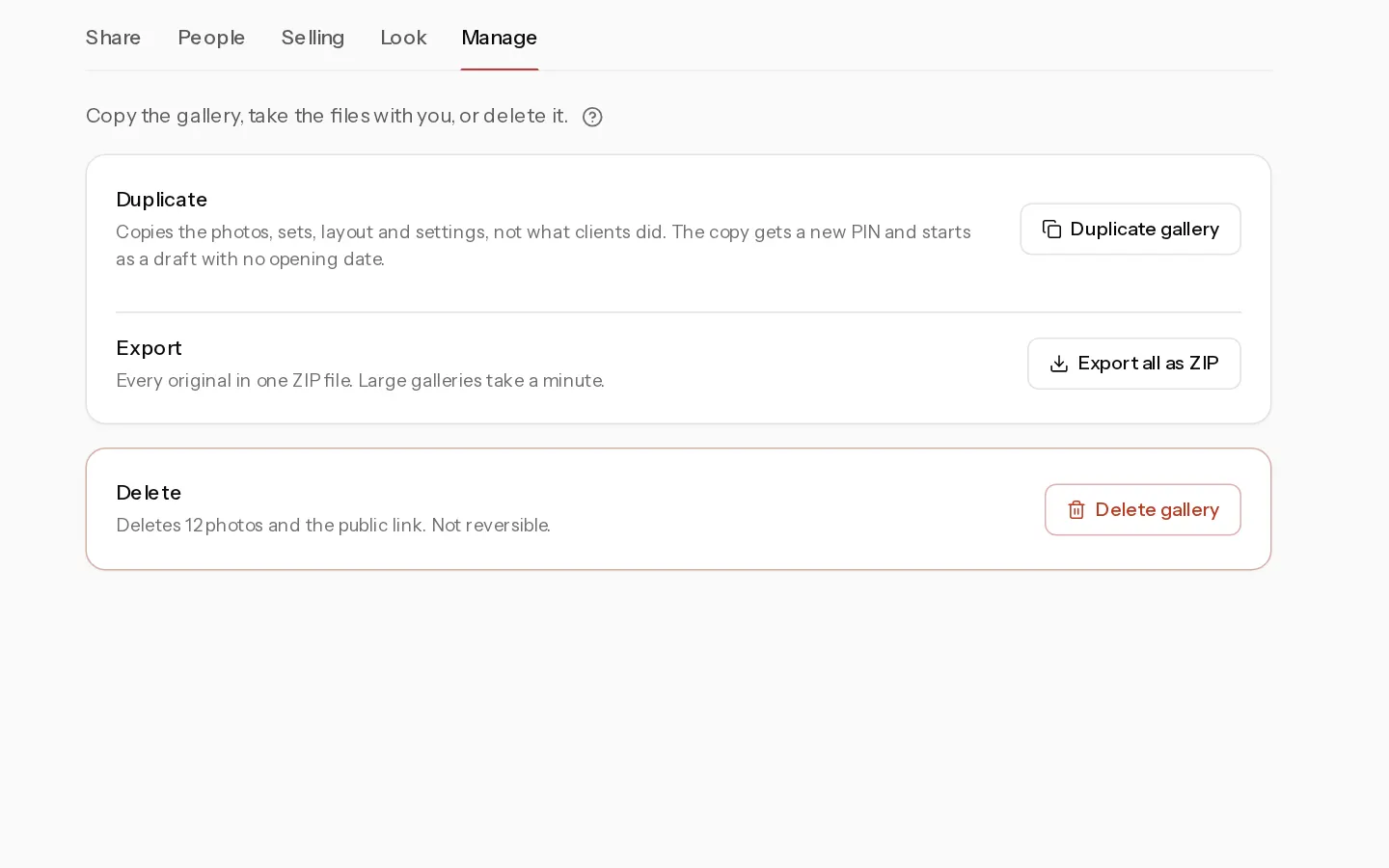 The Xposure dashboard screen for: Duplicate, export or delete a gallery